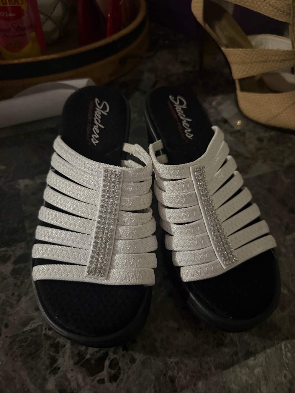 Skechers White Strappy Slide Mules with Rhinestone Center Trim